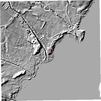 Shaded relief map of the ground around LA218AN, computed from Environment Agency LiDAR. The ground here sits at about 45 m above sea level and falls 8 m across the surrounding 800 m. Surface water reaching this point runs off ground lying to the north-west, 8.2 m higher.