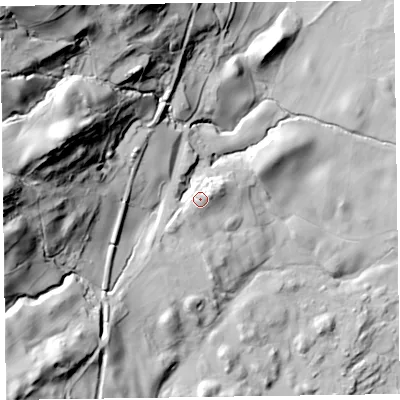 Shaded relief map of the ground around LA218AR, computed from Environment Agency LiDAR. The ground here sits at about 77 m above sea level and falls 110 m across the surrounding 800 m. Surface water reaching this point runs off ground lying to the south-west, 5.4 m higher.