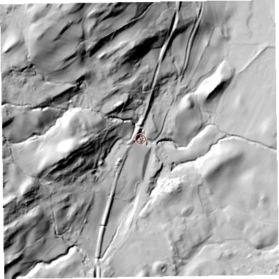 Shaded relief map of the ground around LA218AW, computed from Environment Agency LiDAR. The ground here sits at about 78 m above sea level and falls 119 m across the surrounding 800 m. Surface water reaching this point runs off ground lying to the north-west, 90.1 m higher.