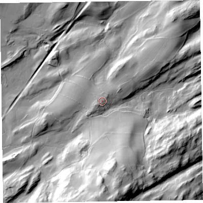 Shaded relief map of the ground around LA218AX, computed from Environment Agency LiDAR. The ground here sits at about 124 m above sea level and falls 82 m across the surrounding 800 m. Surface water reaching this point runs off ground lying to the south-west, 2.8 m higher.