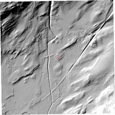 Shaded relief map of the ground around LA218AY, computed from Environment Agency LiDAR. The ground here sits at about 109 m above sea level and falls 101 m across the surrounding 800 m. Surface water reaching this point runs off ground lying to the north, 3.0 m higher.