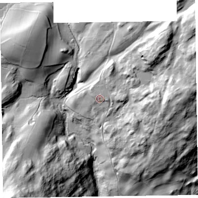 Shaded relief map of the ground around LA218BJ, computed from Environment Agency LiDAR. The ground here sits at about 105 m above sea level and falls 83 m across the surrounding 800 m. Surface water reaching this point runs off ground lying to the north-east, 18.8 m higher.