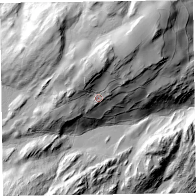 Shaded relief map of the ground around LA218BN, computed from Environment Agency LiDAR. The ground here sits at about 131 m above sea level and falls 104 m across the surrounding 800 m. Surface water reaching this point runs off ground lying to the north, 40.5 m higher.