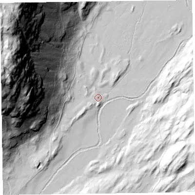 Shaded relief map of the ground around LA218DF, computed from Environment Agency LiDAR. The ground here sits at about 77 m above sea level and falls 251 m across the surrounding 800 m. Surface water reaching this point runs off ground lying to the south, 5.4 m higher.