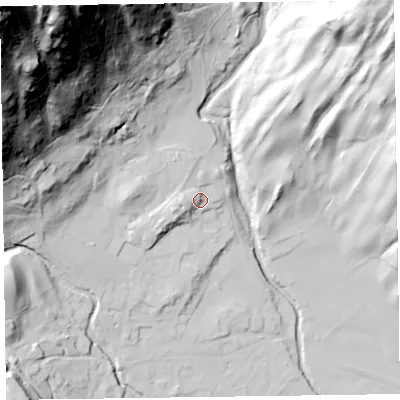 Shaded relief map of the ground around LA218DT, computed from Environment Agency LiDAR. The ground here sits at about 61 m above sea level and falls 207 m across the surrounding 800 m. Surface water reaching this point runs off ground lying to the west, 4.8 m higher.