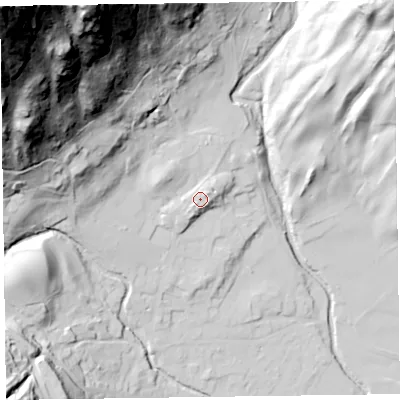 Shaded relief map of the ground around LA218DX, computed from Environment Agency LiDAR. The ground here sits at about 64 m above sea level and falls 226 m across the surrounding 800 m. Surface water reaching this point runs off ground lying to the south-west, 2.6 m higher.