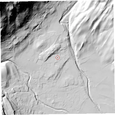 Shaded relief map of the ground around LA218DY, computed from Environment Agency LiDAR. The ground here sits at about 58 m above sea level and falls 174 m across the surrounding 800 m. Surface water reaching this point runs off ground lying to the north-west, 162.2 m higher.