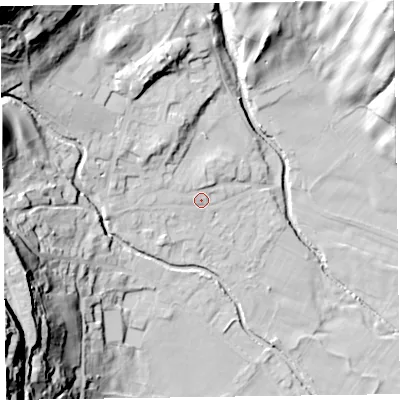 Shaded relief map of the ground around LA218ED, computed from Environment Agency LiDAR. The ground here sits at about 54 m above sea level and falls 62 m across the surrounding 800 m. Surface water reaching this point runs off ground lying to the north-west, 35.7 m higher.