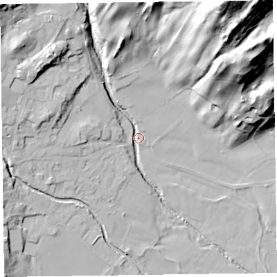 Shaded relief map of the ground around LA218EF, computed from Environment Agency LiDAR. The ground here sits at about 49 m above sea level and falls 75 m across the surrounding 800 m. Surface water reaching this point runs off ground lying to the north, 23.6 m higher.