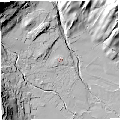 Shaded relief map of the ground around LA218EG, computed from Environment Agency LiDAR. The ground here sits at about 54 m above sea level and falls 75 m across the surrounding 800 m. Surface water reaching this point runs off ground lying to the west, 1.2 m higher.