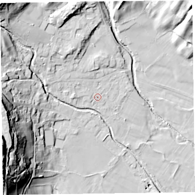 Shaded relief map of the ground around LA218EH, computed from Environment Agency LiDAR. The ground here sits at about 52 m above sea level and falls 55 m across the surrounding 800 m. Surface water reaching this point runs off ground lying to the west-north-west, 3.5 m higher.