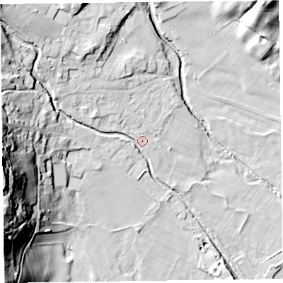 Shaded relief map of the ground around LA218EJ, computed from Environment Agency LiDAR. The ground here sits at about 51 m above sea level and falls 43 m across the surrounding 800 m. Surface water reaching this point runs off ground lying to the west, 26.0 m higher.