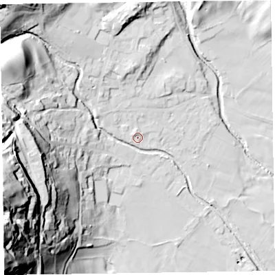 Shaded relief map of the ground around LA218EL, computed from Environment Agency LiDAR. The ground here sits at about 53 m above sea level and falls 84 m across the surrounding 800 m. Surface water reaching this point runs off ground lying to the north-north-west, 2.2 m higher.