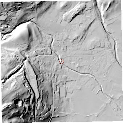 Shaded relief map of the ground around LA218EN, computed from Environment Agency LiDAR. The ground here sits at about 55 m above sea level and falls 111 m across the surrounding 800 m. Surface water reaching this point runs off ground lying to the west-south-west, 94.9 m higher.