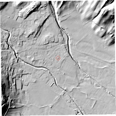 Shaded relief map of the ground around LA218EQ, computed from Environment Agency LiDAR. The ground here sits at about 51 m above sea level and falls 53 m across the surrounding 800 m. Surface water reaching this point runs off ground lying to the west-north-west, 5.0 m higher.