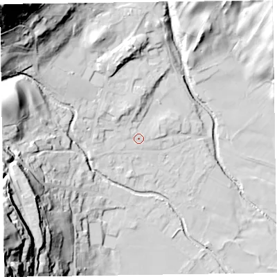 Shaded relief map of the ground around LA218ET, computed from Environment Agency LiDAR. The ground here sits at about 55 m above sea level and falls 89 m across the surrounding 800 m. Surface water reaching this point runs off ground lying to the north-west, 78.9 m higher.
