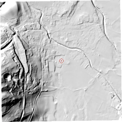 Shaded relief map of the ground around LA218EW, computed from Environment Agency LiDAR. The ground here sits at about 52 m above sea level and falls 98 m across the surrounding 800 m. Surface water reaching this point runs off ground lying to the west, 34.2 m higher.