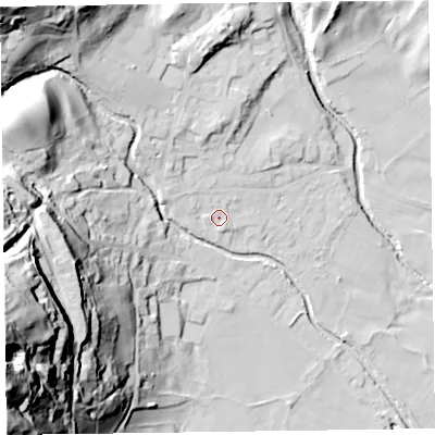 Shaded relief map of the ground around LA218FA, computed from Environment Agency LiDAR. The ground here sits at about 54 m above sea level and falls 89 m across the surrounding 800 m. Surface water reaching this point runs off ground lying to the west-north-west, 2.9 m higher.