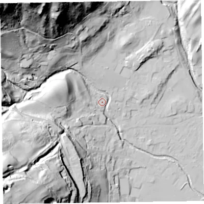 Shaded relief map of the ground around LA218HL, computed from Environment Agency LiDAR. The ground here sits at about 60 m above sea level and falls 120 m across the surrounding 800 m. Surface water reaching this point runs off ground lying to the north-west, 110.4 m higher.