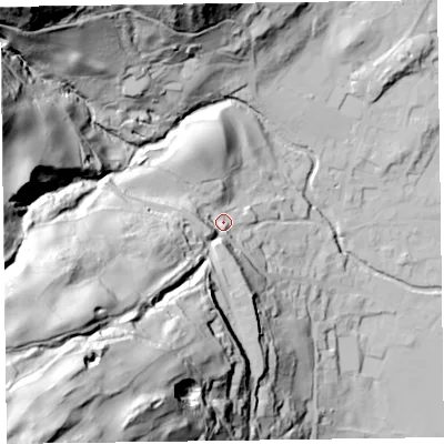 Shaded relief map of the ground around LA218HQ, computed from Environment Agency LiDAR. The ground here sits at about 75 m above sea level and falls 129 m across the surrounding 800 m. Surface water reaching this point runs off ground lying to the south-west, 104.8 m higher.
