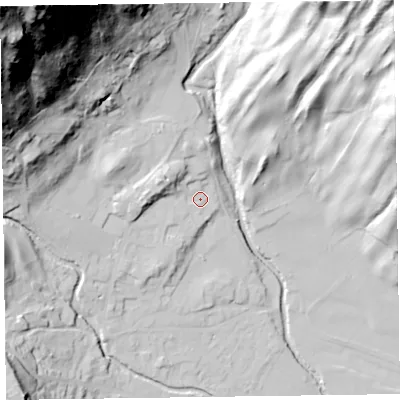 Shaded relief map of the ground around LA218HS, computed from Environment Agency LiDAR. The ground here sits at about 57 m above sea level and falls 150 m across the surrounding 800 m. Surface water reaching this point runs off ground lying to the north-west, 126.7 m higher.