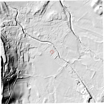 Shaded relief map of the ground around LA218HT, computed from Environment Agency LiDAR. The ground here sits at about 51 m above sea level and falls 55 m across the surrounding 800 m. Surface water reaching this point runs off ground lying to the west, 37.2 m higher.