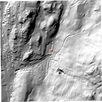 Shaded relief map of the ground around LA220AY, computed from Environment Agency LiDAR. The ground here sits at about 88 m above sea level and falls 195 m across the surrounding 800 m. Surface water reaching this point runs off ground lying to the east-south-east, 158.4 m higher.