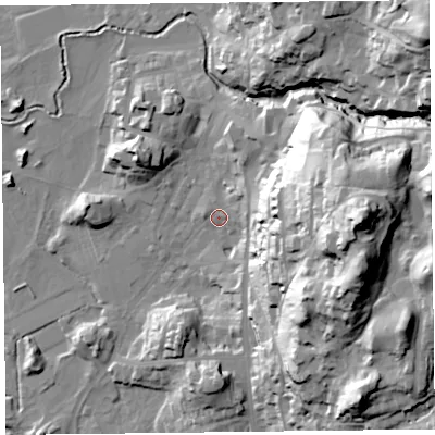 Shaded relief map of the ground around LA220BU, computed from Environment Agency LiDAR. The ground here sits at about 51 m above sea level and falls 72 m across the surrounding 800 m. Surface water reaching this point runs off ground lying to the east, 63.5 m higher.