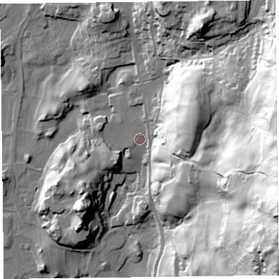Shaded relief map of the ground around LA220DW, computed from Environment Agency LiDAR. The ground here sits at about 50 m above sea level and falls 113 m across the surrounding 800 m. Surface water reaching this point runs off ground lying to the north-east, 2.5 m higher.