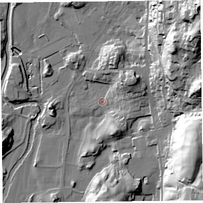 Shaded relief map of the ground around LA220DY, computed from Environment Agency LiDAR. The ground here sits at about 44 m above sea level and falls 75 m across the surrounding 800 m. Surface water reaching this point runs off ground lying to the east-north-east, 17.5 m higher.