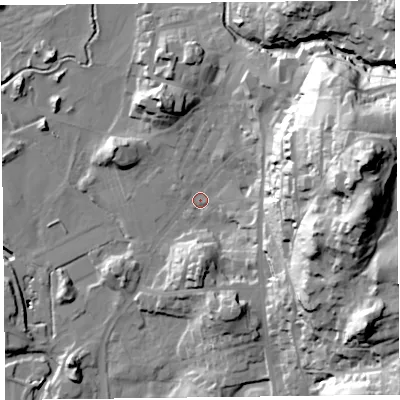 Shaded relief map of the ground around LA220EA, computed from Environment Agency LiDAR. The ground here sits at about 48 m above sea level and falls 76 m across the surrounding 800 m. Surface water reaching this point runs off ground lying to the east-north-east, 63.5 m higher.