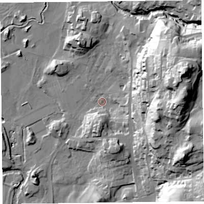 Shaded relief map of the ground around LA220EB, computed from Environment Agency LiDAR. The ground here sits at about 47 m above sea level and falls 75 m across the surrounding 800 m. Surface water reaching this point runs off ground lying to the east, 56.9 m higher.