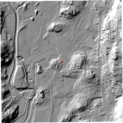 Shaded relief map of the ground around LA220EE, computed from Environment Agency LiDAR. The ground here sits at about 46 m above sea level and falls 62 m across the surrounding 800 m. Surface water reaching this point runs off ground lying to the east-north-east, 52.9 m higher.