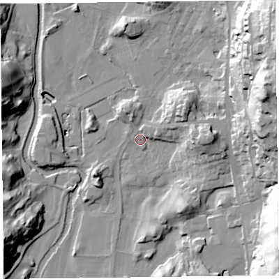 Shaded relief map of the ground around LA220EF, computed from Environment Agency LiDAR. The ground here sits at about 44 m above sea level and falls 56 m across the surrounding 800 m. Surface water reaching this point runs off ground lying to the north-east, 49.8 m higher.