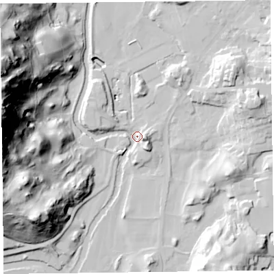 Shaded relief map of the ground around LA220EH, computed from Environment Agency LiDAR. The ground here sits at about 43 m above sea level and falls 105 m across the surrounding 800 m. Surface water reaching this point runs off ground lying to the west-north-west, 105.3 m higher.