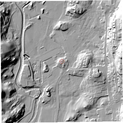 Shaded relief map of the ground around LA220EJ, computed from Environment Agency LiDAR. The ground here sits at about 48 m above sea level and falls 53 m across the surrounding 800 m. Surface water reaching this point runs off ground lying to the north-east, 5.2 m higher.