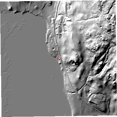 Shaded relief map of the ground around LA220HB, computed from Environment Agency LiDAR. The ground here sits at about 41 m above sea level and falls 114 m across the surrounding 800 m. Surface water reaching this point runs off ground lying to the north-east, 113.6 m higher.