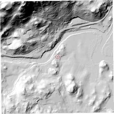 Shaded relief map of the ground around LA220HN, computed from Environment Agency LiDAR. The ground here sits at about 43 m above sea level and falls 147 m across the surrounding 800 m. Surface water reaching this point runs off ground lying to the north-north-east, 3.2 m higher.