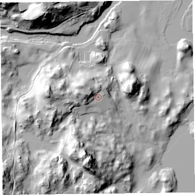 Shaded relief map of the ground around LA220HP, computed from Environment Agency LiDAR. The ground here sits at about 53 m above sea level and falls 40 m across the surrounding 800 m. Surface water reaching this point runs off ground lying to the west-north-west, 8.8 m higher.