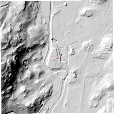 Shaded relief map of the ground around LA220HQ, computed from Environment Agency LiDAR. The ground here sits at about 47 m above sea level and falls 142 m across the surrounding 800 m. Surface water reaching this point runs off ground lying to the north-north-west, 9.3 m higher.
