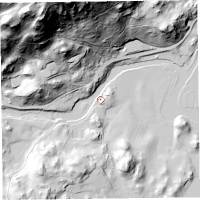 Shaded relief map of the ground around LA220HR, computed from Environment Agency LiDAR. The ground here sits at about 43 m above sea level and falls 148 m across the surrounding 800 m. Surface water reaching this point runs off ground lying to the east-north-east, 6.3 m higher.