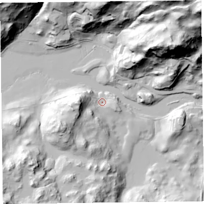 Shaded relief map of the ground around LA220HS, computed from Environment Agency LiDAR. The ground here sits at about 47 m above sea level and falls 122 m across the surrounding 800 m. Surface water reaching this point runs off ground lying to the west, 26.9 m higher.