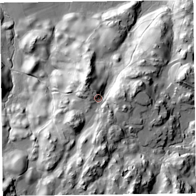 Shaded relief map of the ground around LA220HT, computed from Environment Agency LiDAR. The ground here sits at about 94 m above sea level and falls 83 m across the surrounding 800 m. Surface water reaching this point runs off ground lying to the south, 32.0 m higher.