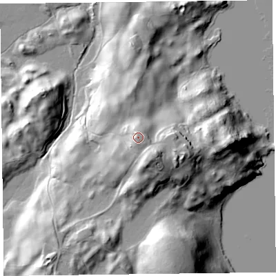 Shaded relief map of the ground around LA220JA, computed from Environment Agency LiDAR. The ground here sits at about 73 m above sea level and falls 43 m across the surrounding 800 m. Surface water reaching this point runs off ground lying to the north-north-west, 3.9 m higher.