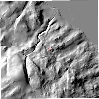 Shaded relief map of the ground around LA220JQ, computed from Environment Agency LiDAR. The ground here sits at about 87 m above sea level and falls 116 m across the surrounding 800 m. Surface water reaching this point runs off ground lying to the south-west, 16.3 m higher.