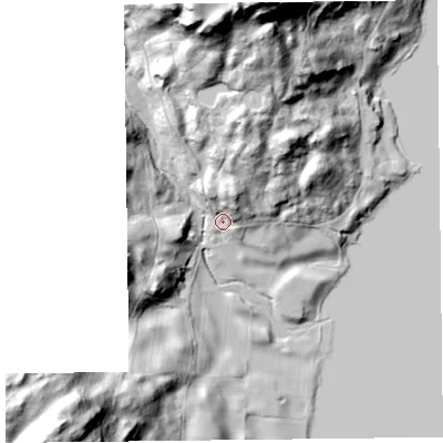 Shaded relief map of the ground around LA220LT, computed from Environment Agency LiDAR. The ground here sits at about 52 m above sea level and falls 75 m across the surrounding 800 m. Surface water reaching this point runs off ground lying to the north-north-east, 17.9 m higher.