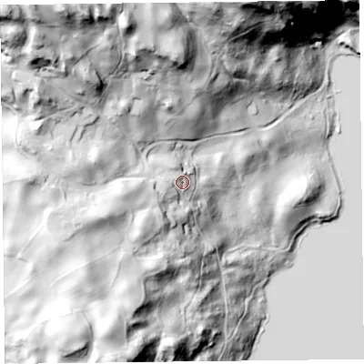 Shaded relief map of the ground around LA220LW, computed from Environment Agency LiDAR. The ground here sits at about 84 m above sea level and falls 127 m across the surrounding 800 m. Surface water reaching this point runs off ground lying to the west-south-west, 9.8 m higher.