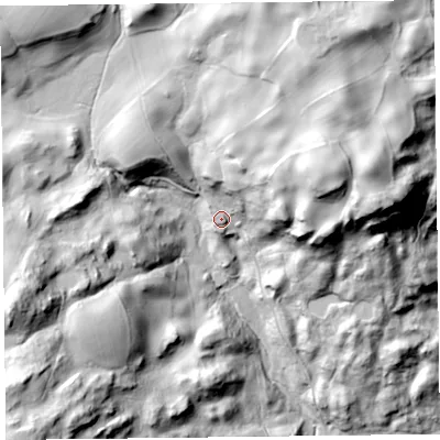 Shaded relief map of the ground around LA220LX, computed from Environment Agency LiDAR. The ground here sits at about 75 m above sea level and falls 80 m across the surrounding 800 m. Surface water reaching this point runs off ground lying to the east-north-east, 47.3 m higher.