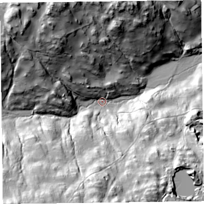 Shaded relief map of the ground around LA220NF, computed from Environment Agency LiDAR. The ground here sits at about 52 m above sea level and falls 78 m across the surrounding 800 m. Surface water reaching this point runs off ground lying to the north-north-west, 71.2 m higher.