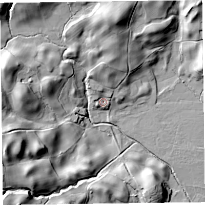 Shaded relief map of the ground around LA220NN, computed from Environment Agency LiDAR. The ground here sits at about 78 m above sea level and falls 49 m across the surrounding 800 m. Surface water reaching this point runs off ground lying to the north-north-west, 6.0 m higher.